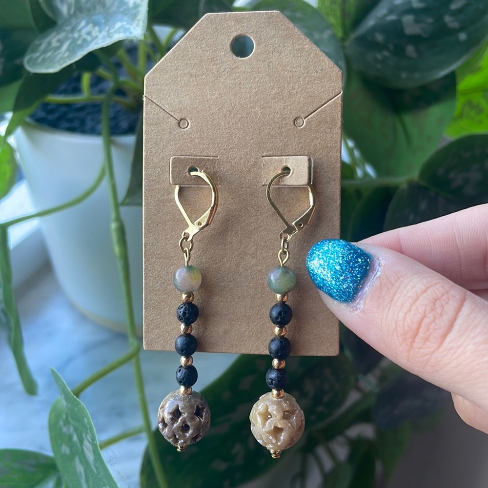 Handmade Soapstone Lava Jade Gold Earrings